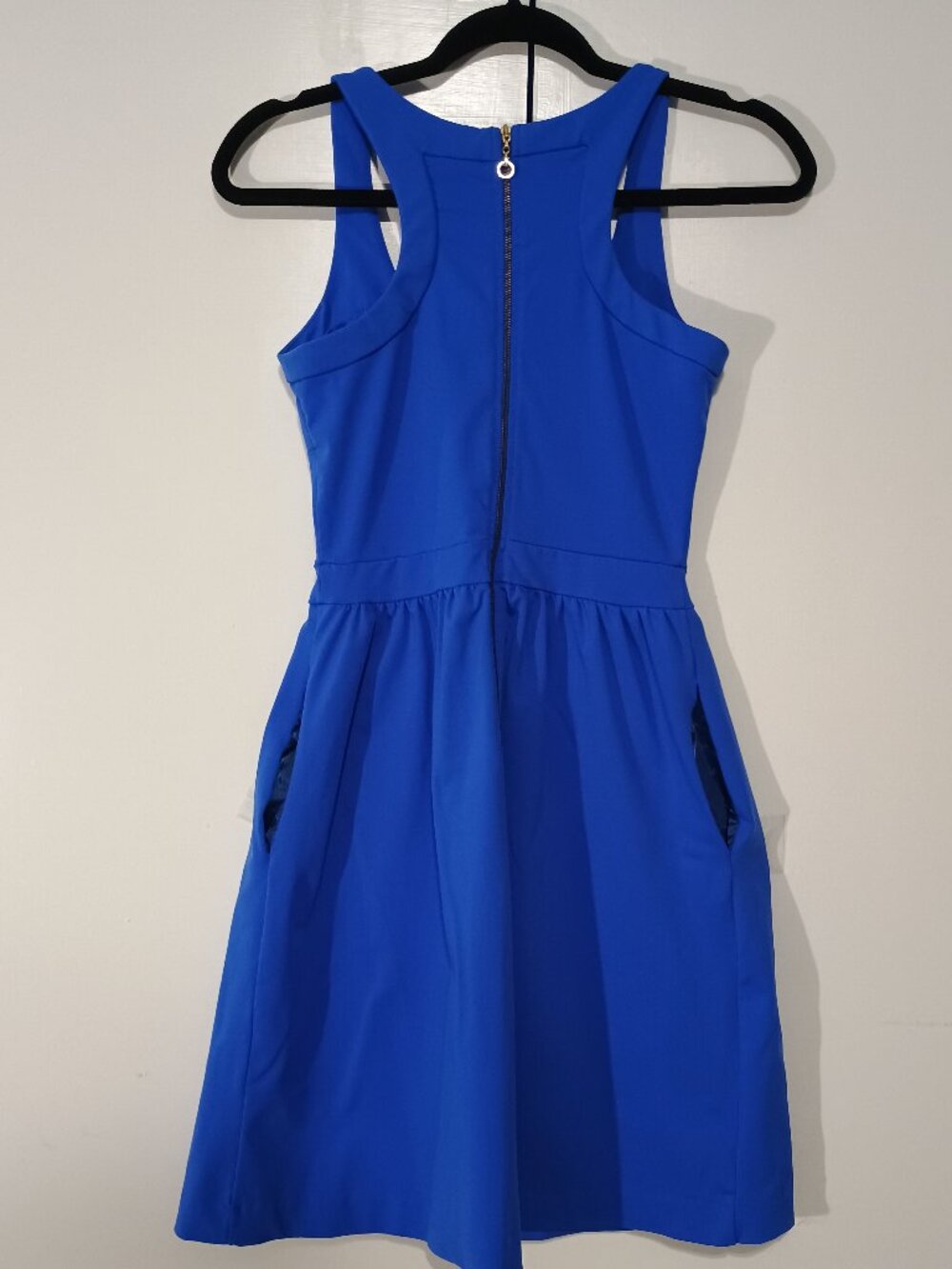 Cynthia Rowley XS Royal Blue Fit & Flare Dress Sleeveless Scuba Stretch Gold Bac - Picture 3 of 9